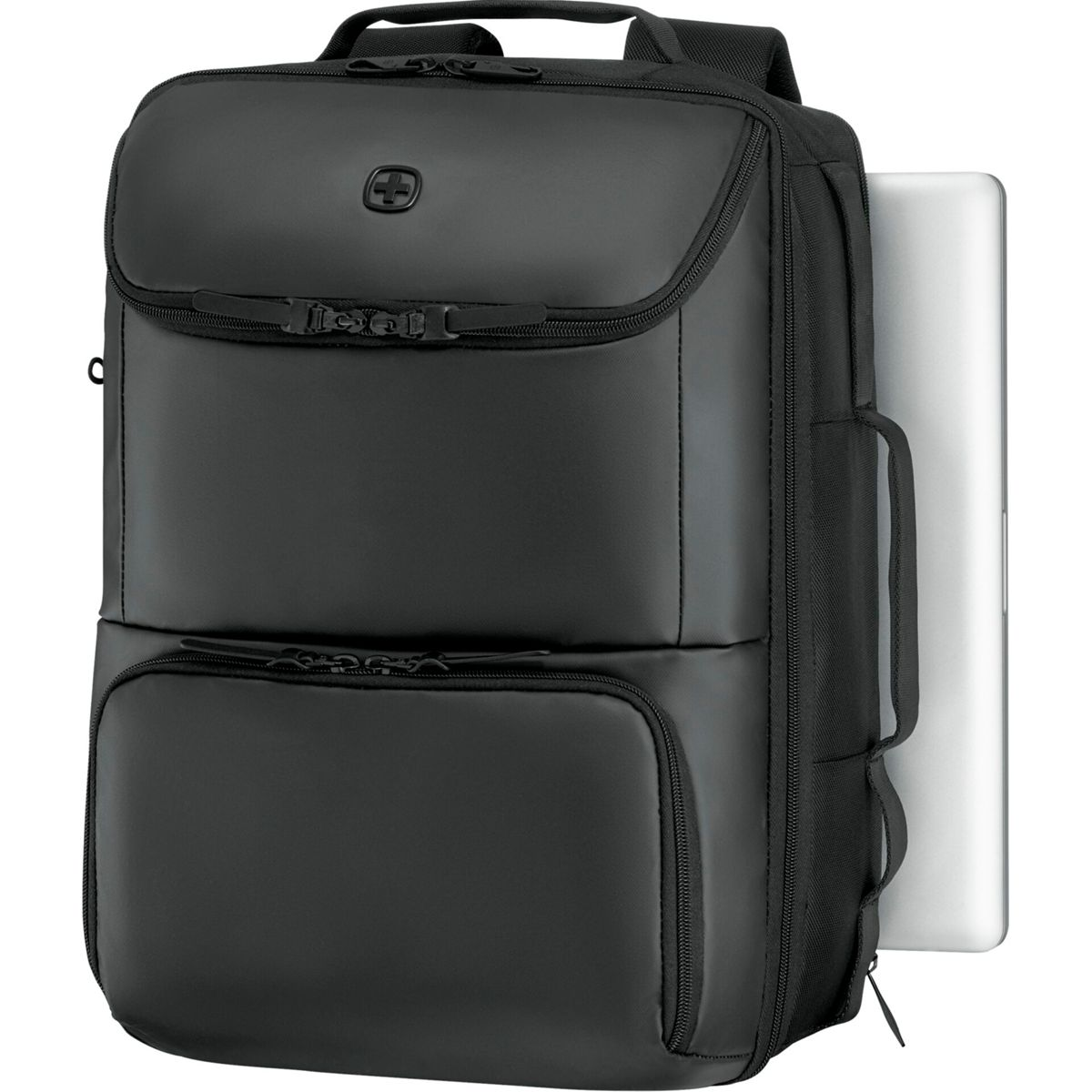 Zaino nero con scomparto per laptop, tasche frontali e manici.