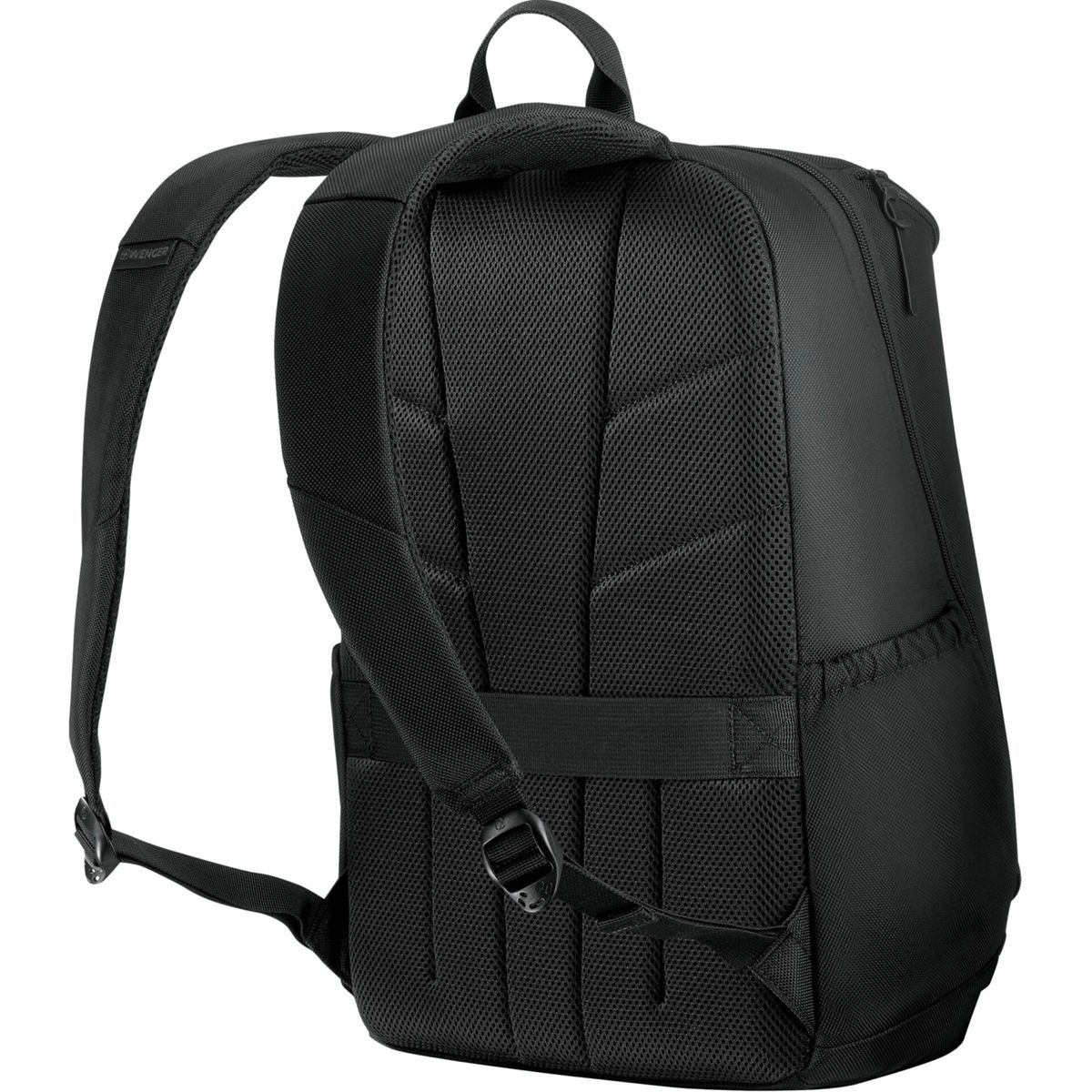 Zaino nero con spallacci imbottiti e pannello posteriore in rete. La borsa è su sfondo bianco.
