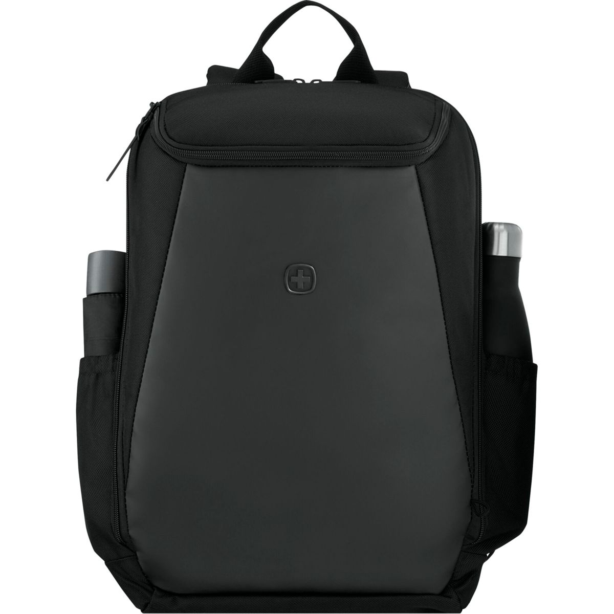 Zaino nero con logo croce svizzera, due tasche laterali con bottiglie.