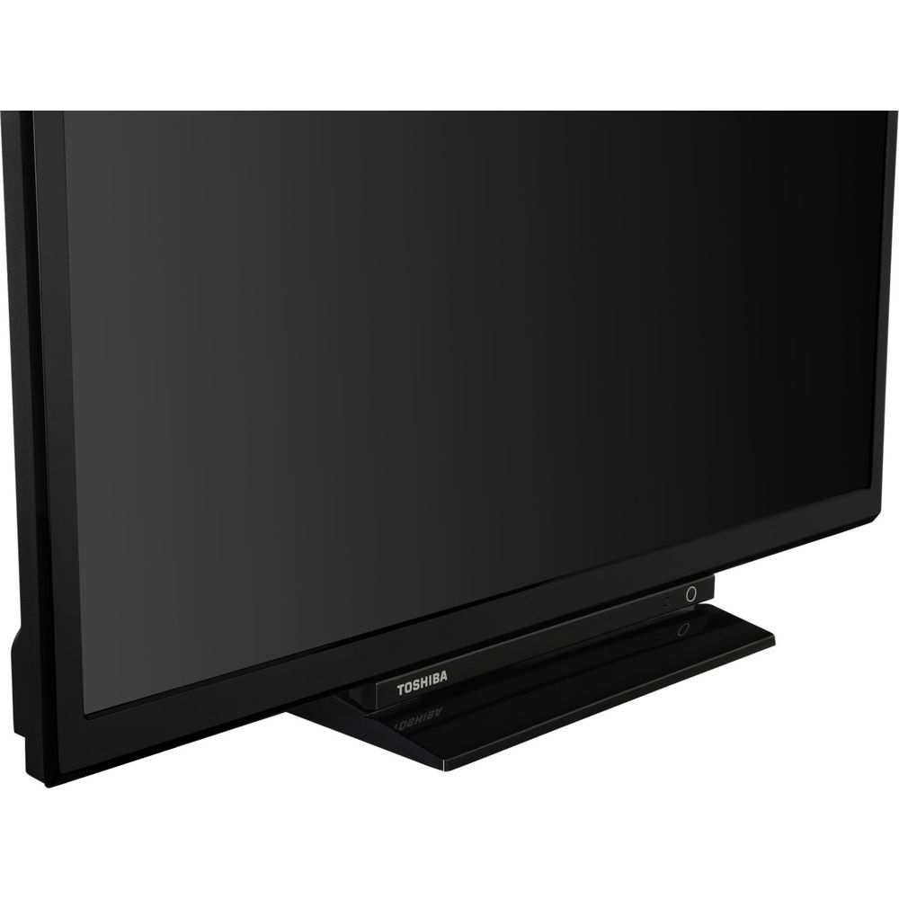 Schwarzer Toshiba Fernseher mit schmalem Standfuß und beleuchtetem Logo.