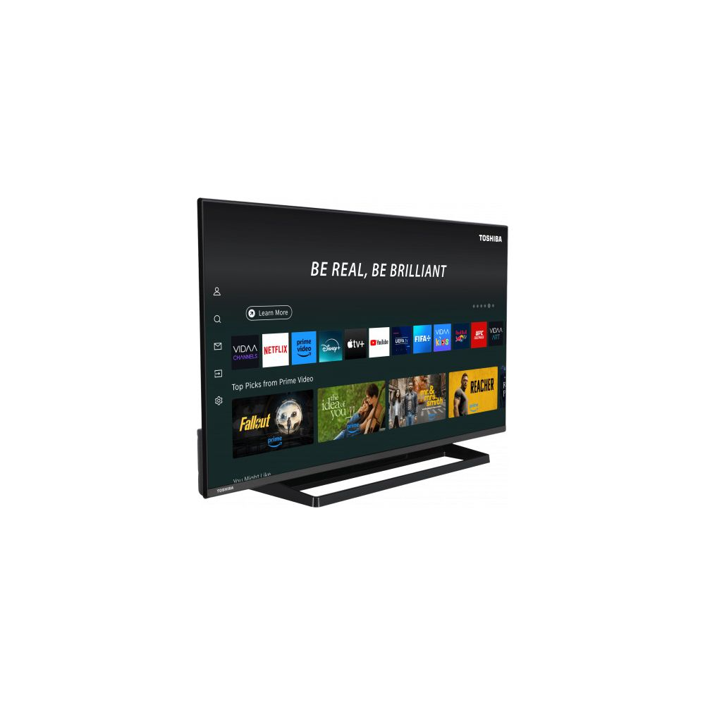 Toshiba Smart TV mit Menü und Streaming-Apps wie Netflix und Prime Video.