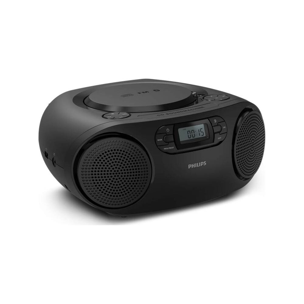 Boombox CD Philips noir avec compartiment CD supérieur, écran et haut-parleurs.