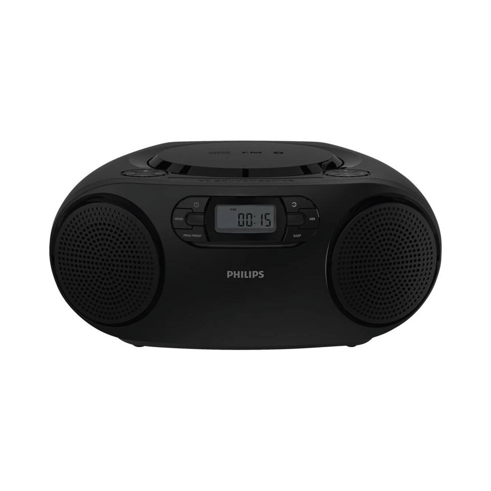 Lecteur CD Philips noir avec haut-parleurs et écran numérique.