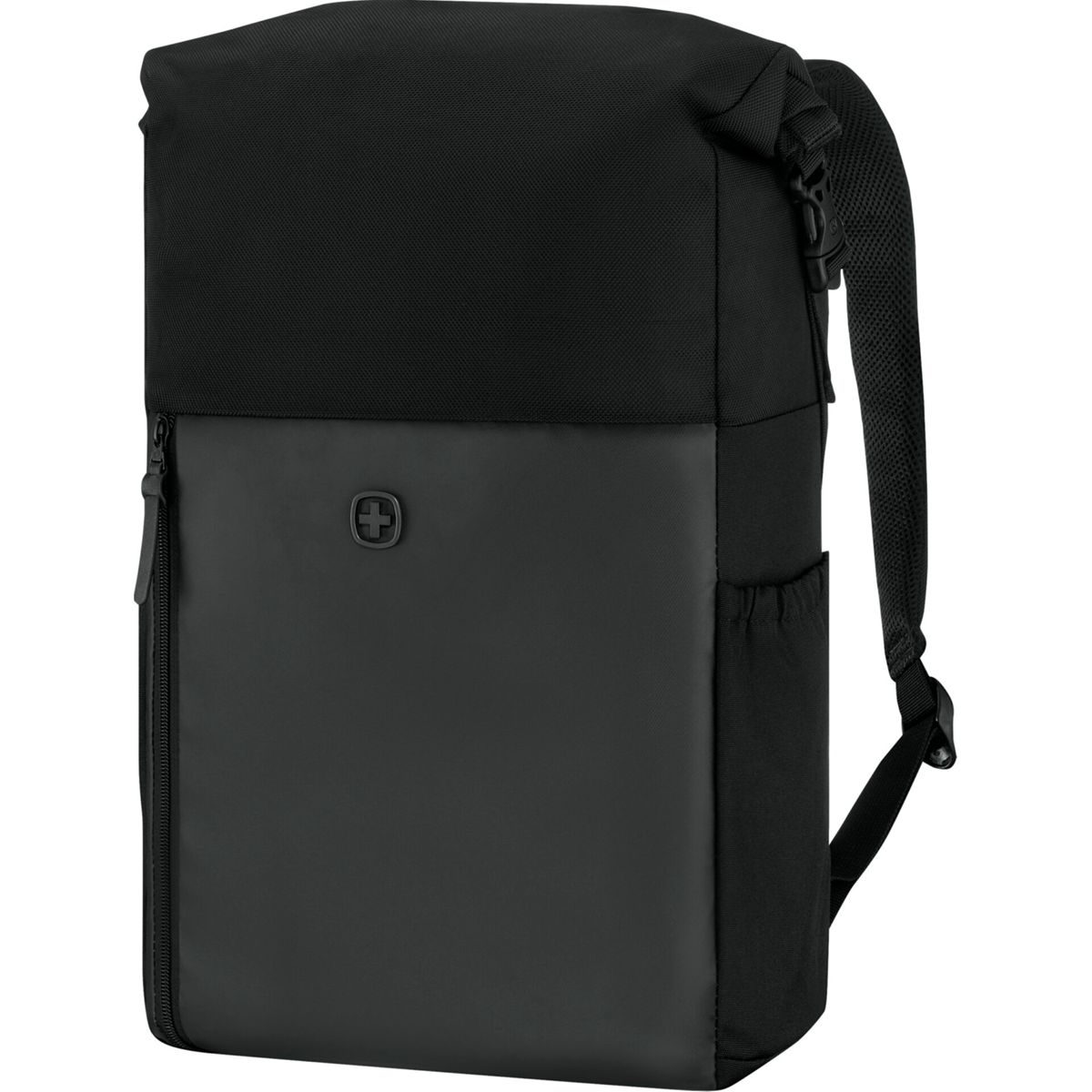 Schwarzer Rucksack mit Reißverschluss und Schweizer Kreuz-Logo auf der Vorderseite.