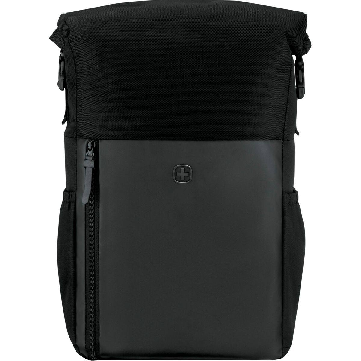 Ein schwarzer Rucksack mit Rollverschluss, Frontreißverschlusstasche und Seitentaschen.