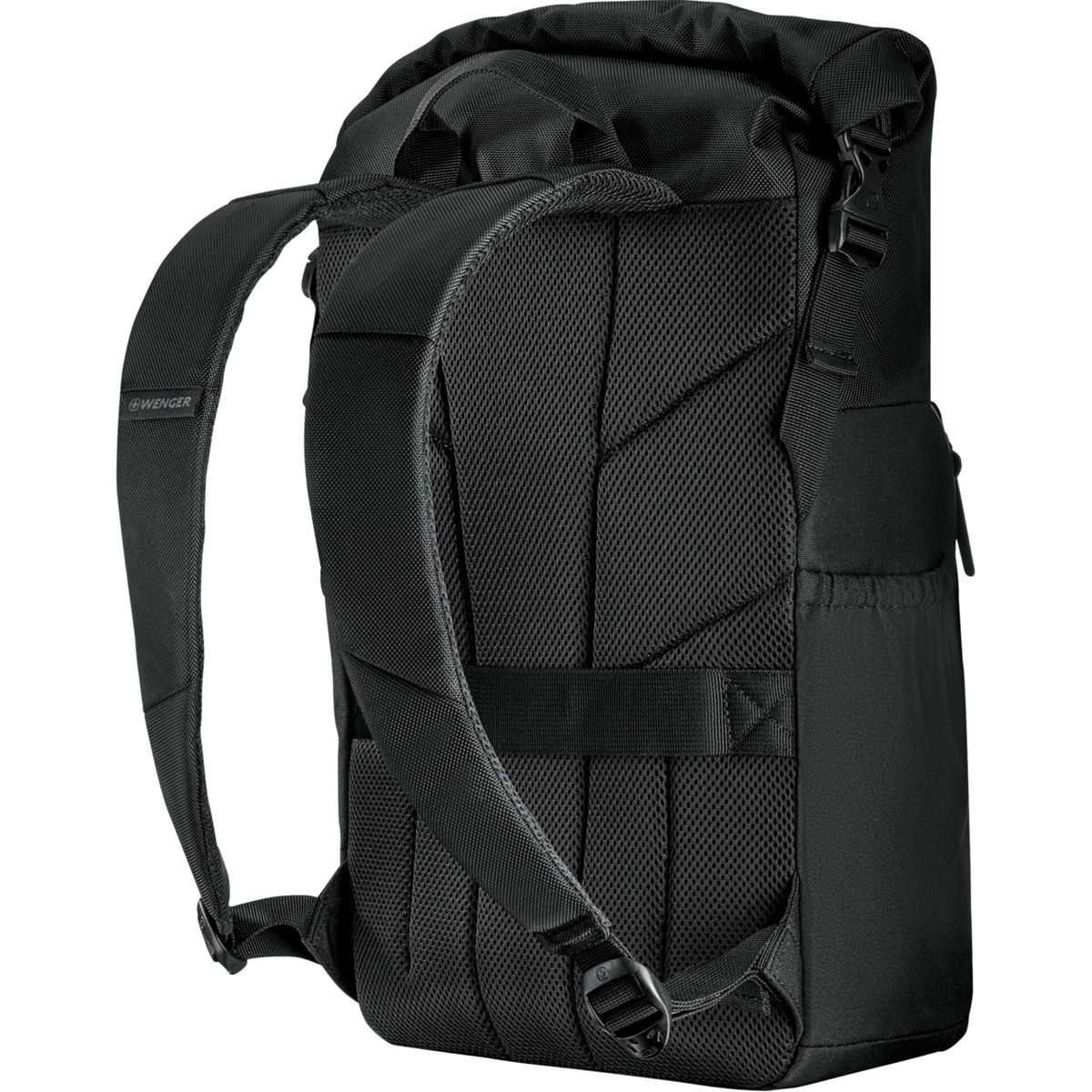 Schwarzer Rucksack mit gepolsterten Trägern und atmungsaktiver Rückenpartie.