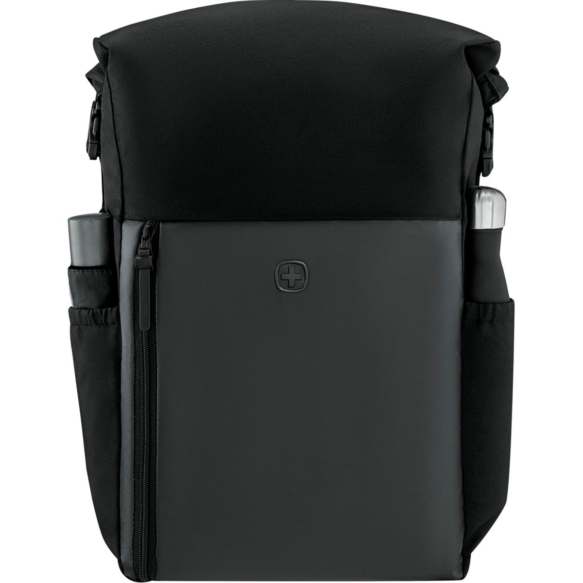 Schwarzer Rucksack mit Reißverschluss, seitlichen Taschen und einem Swiss-Logo.