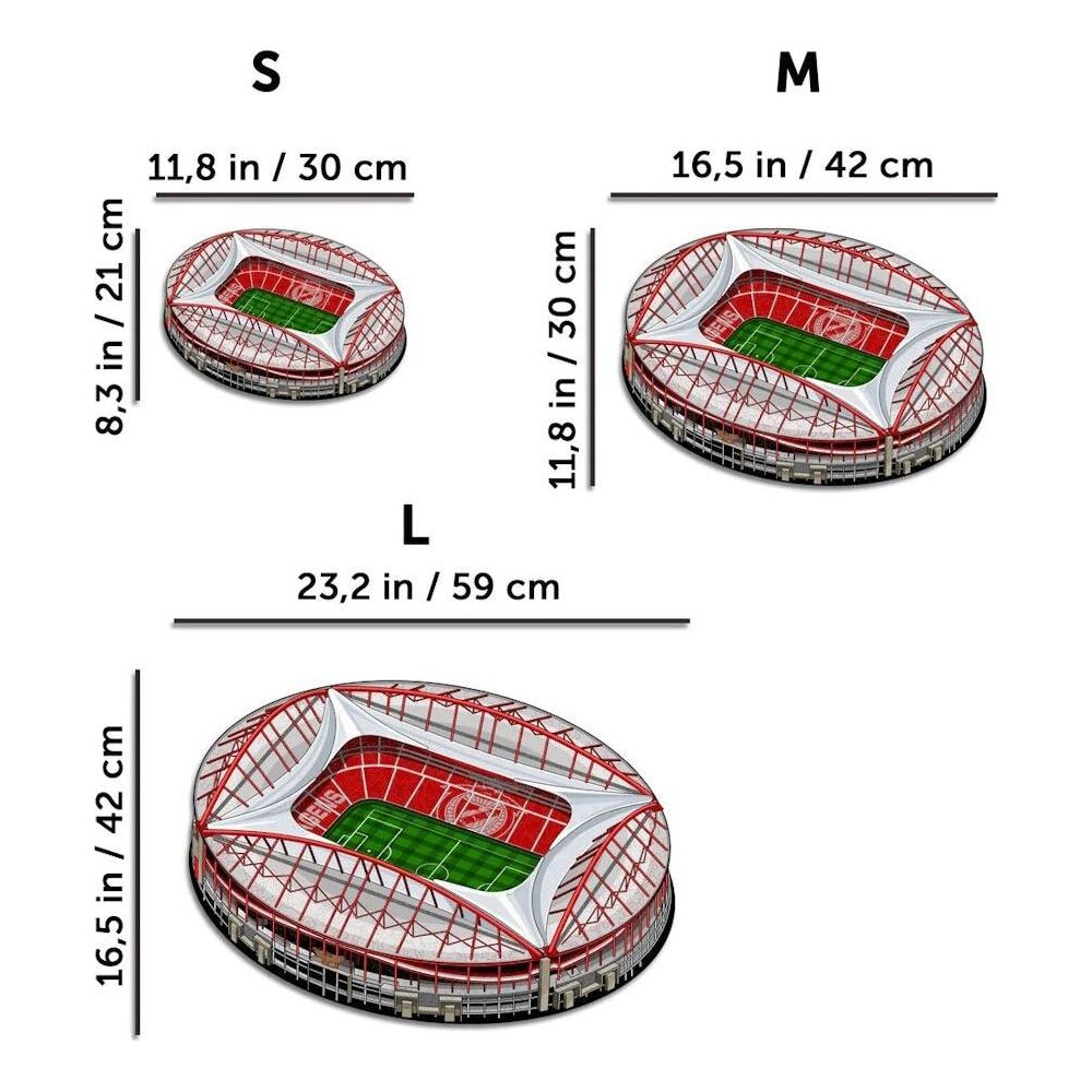 Stadienmodelle in drei Größen (S, M, L) mit Maßen.