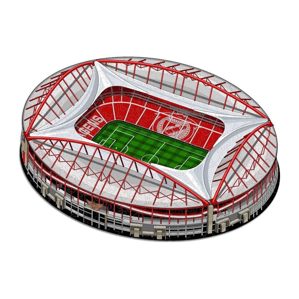 Ein Fußballstadion mit rotem Dach und grünen Spielfeld, von oben gesehen.