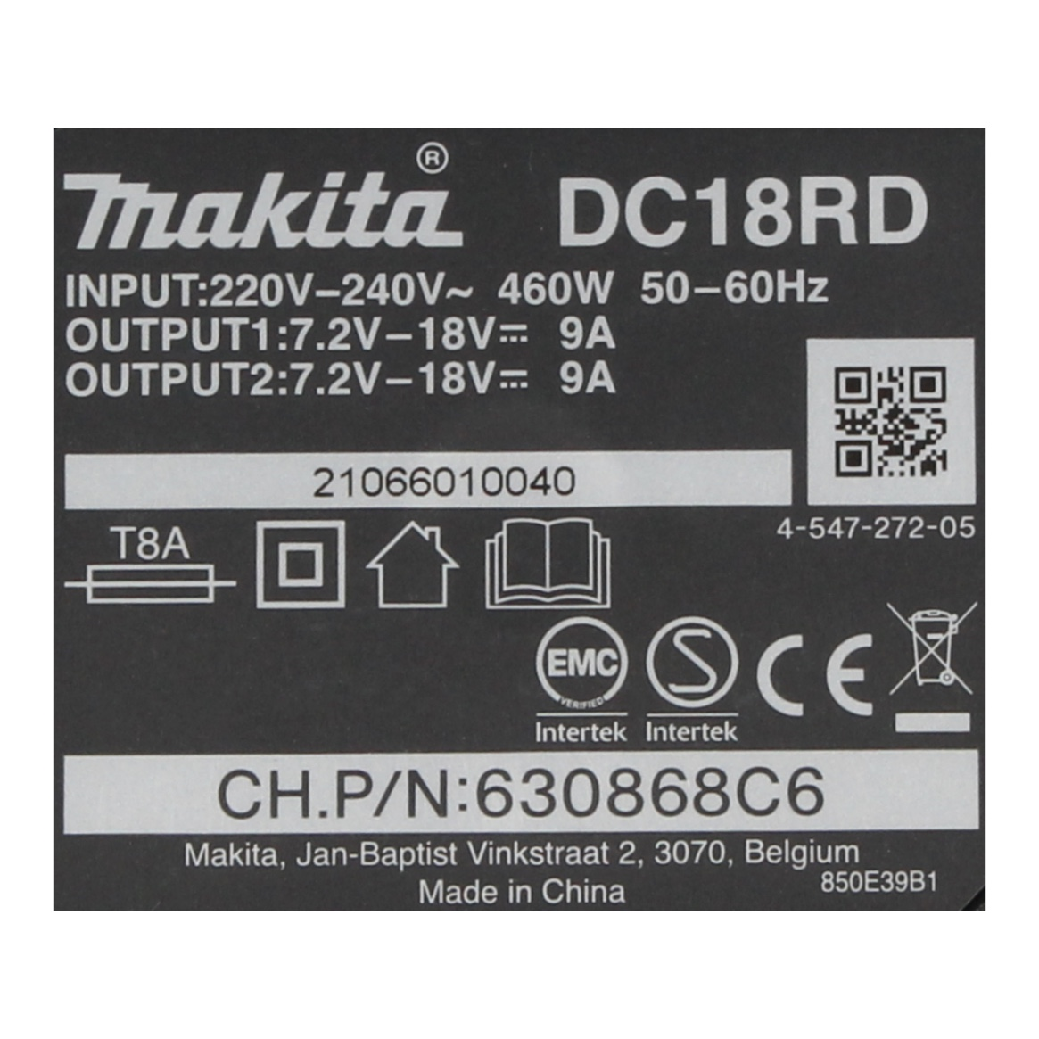 Makita DC18RD Netzteil: 220-240V~460W, 7.2-18V, 9A Ausgänge.