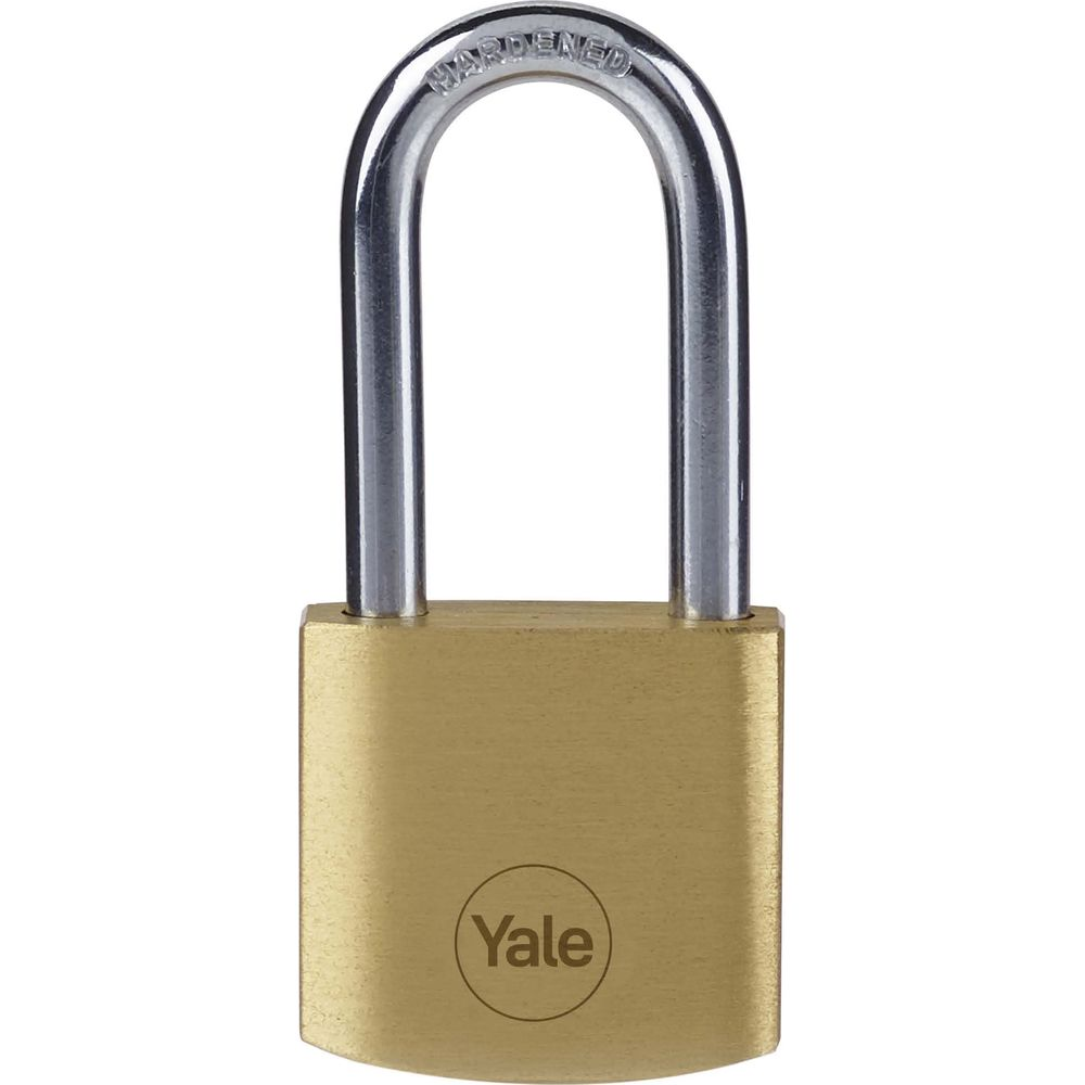 Ein goldener Vorhängeschloss mit silbernem Bügel, Yale-Logo.