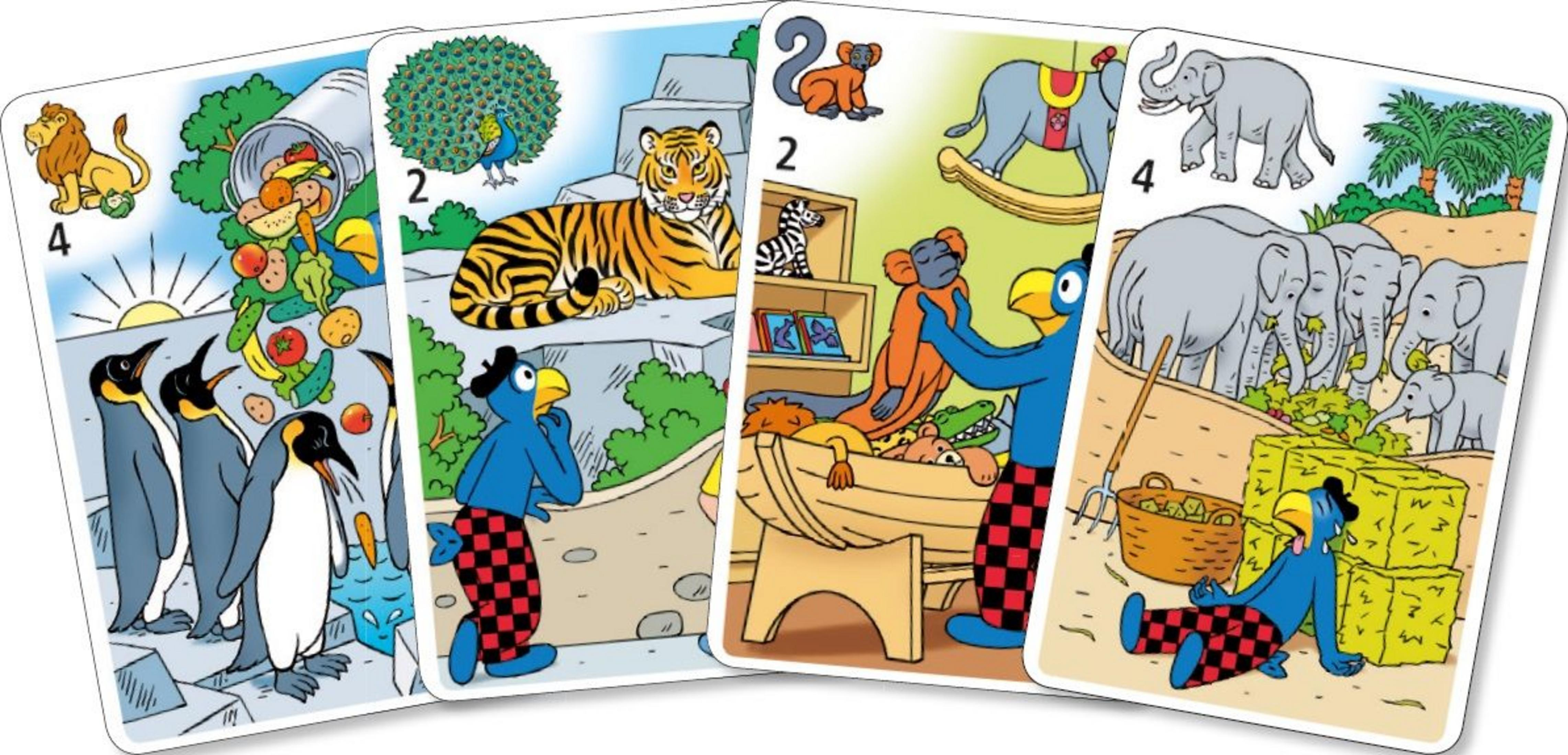 Quattro carte mostrano animali: pinguini, tigre, scimmie ed elefanti.