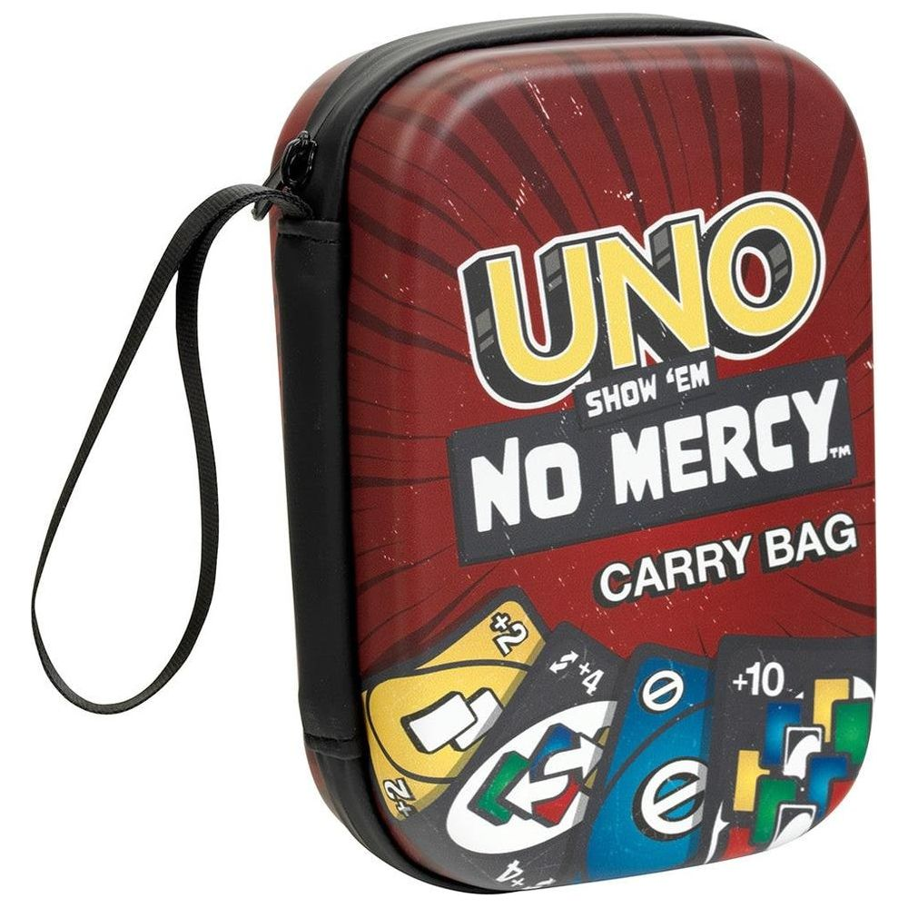 Sac de transport rouge UNO No Mercy avec motifs de cartes et fermeture éclair.