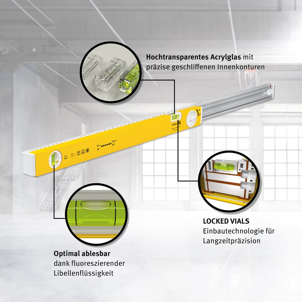 Righello a bolla giallo con focus su fiale acriliche e scala precisa.