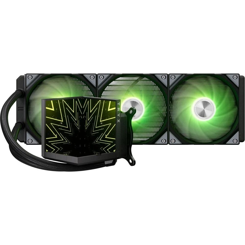 Ein PC-Kühler mit drei grünen Lüftern und einem schwarzen Pumpengehäuse mit Sternmuster.