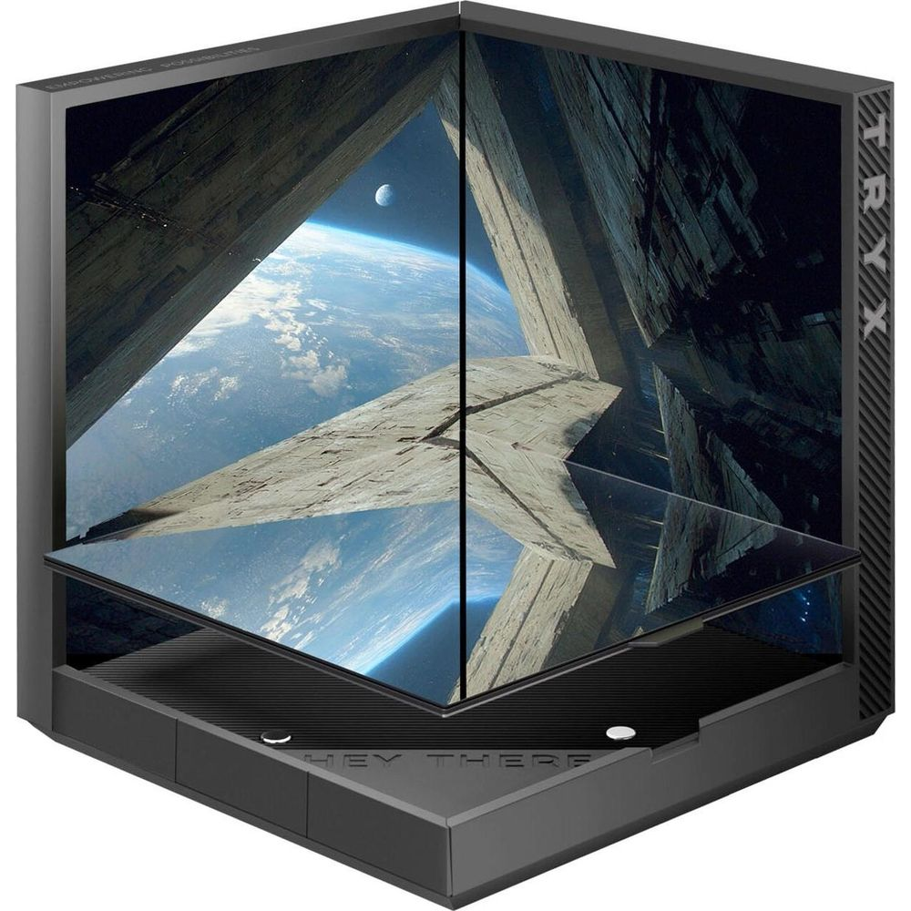 Ein futuristischer Computer mit Weltraumansicht auf dem Bildschirm.