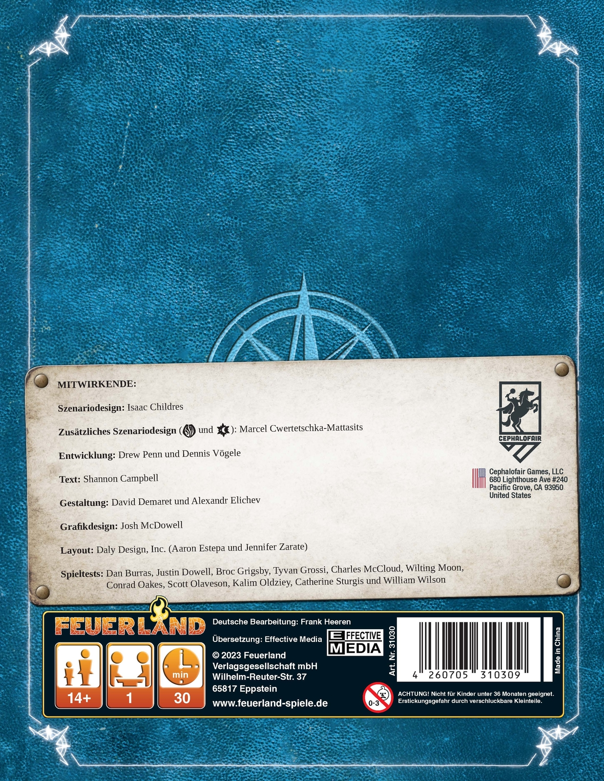 Rückseite eines Spiels mit Credits, Logos und Barcode.