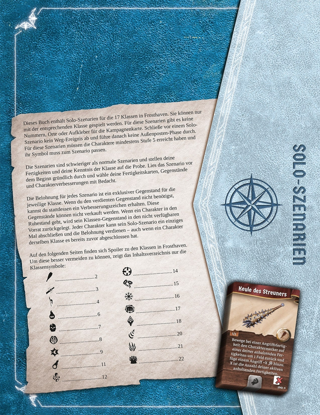 Buchseite über Solo-Szenarien für Frosthaven, mit Text und Klassensymbolen. Rechts eine Karte.