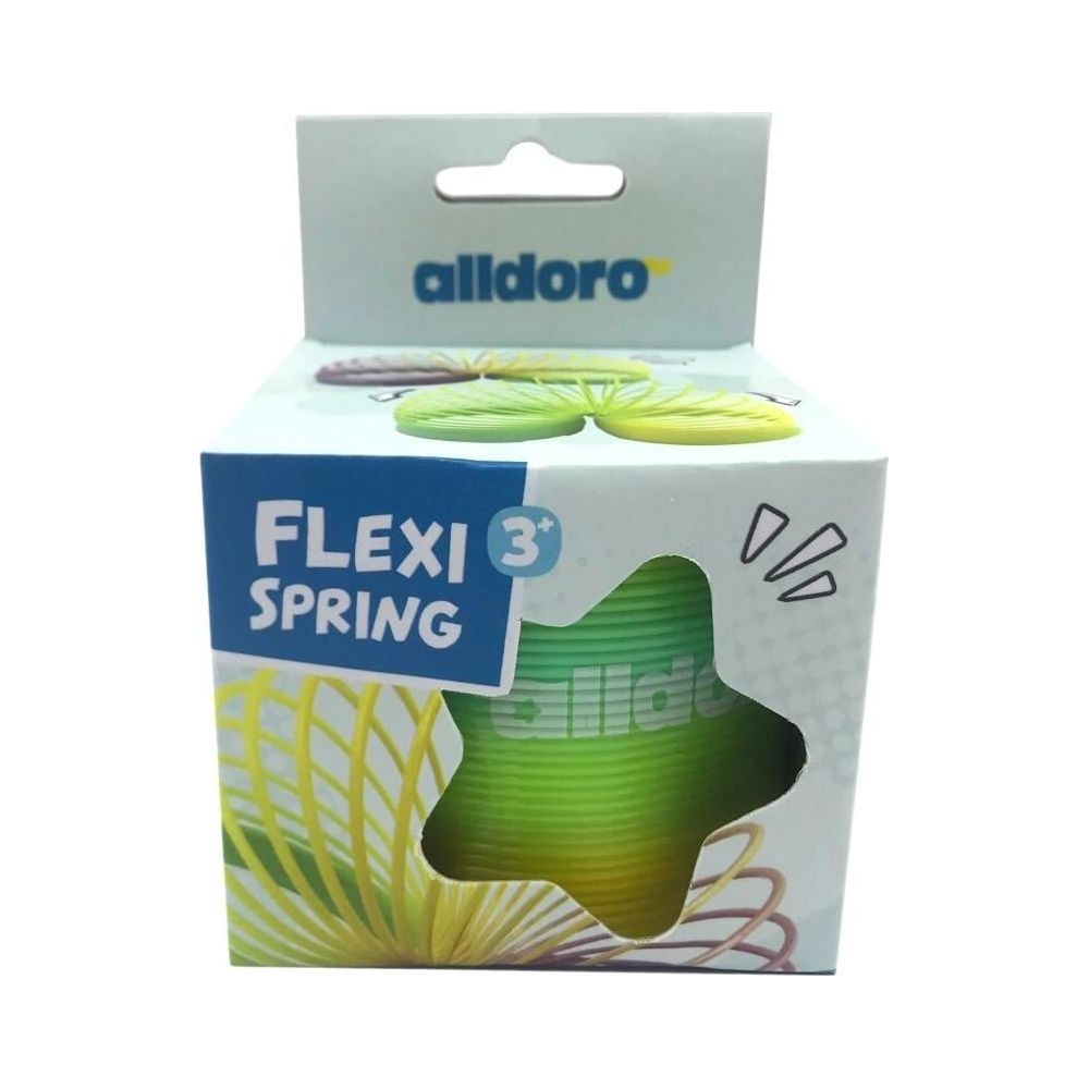 Resorte Flexi verde y amarillo en caja "alldoro" con texto "FLEXI SPRING".