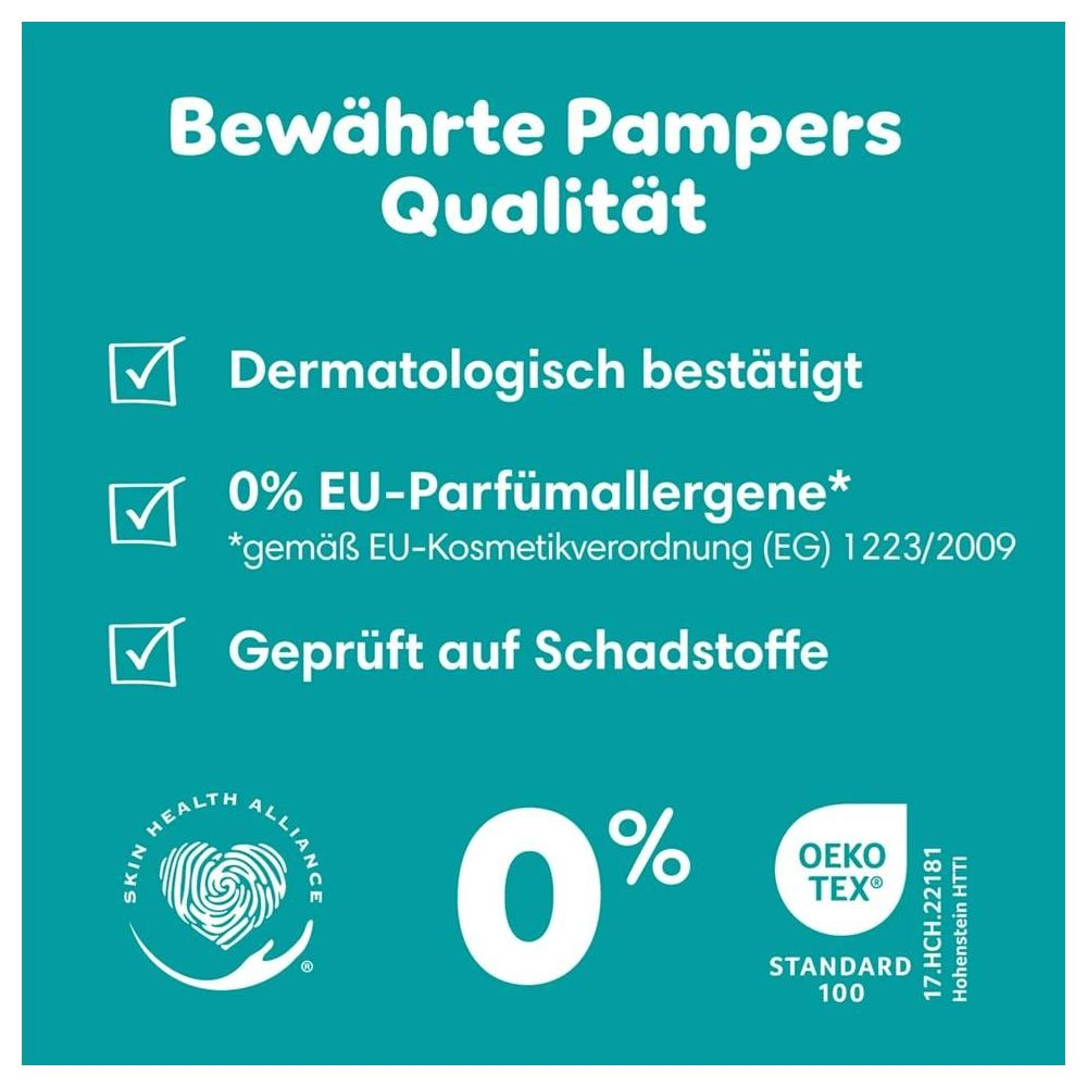 Pampers Qualität: dermatologisch bestätigt, 0% Parfum, schadstoffgeprüft.