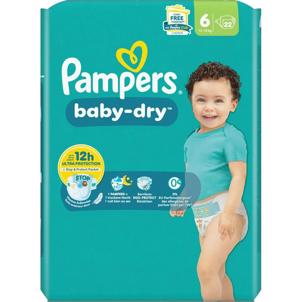 Pampers Baby-Dry Windeln, Größe 6, für 13-18 kg, mit lächelndem Baby.