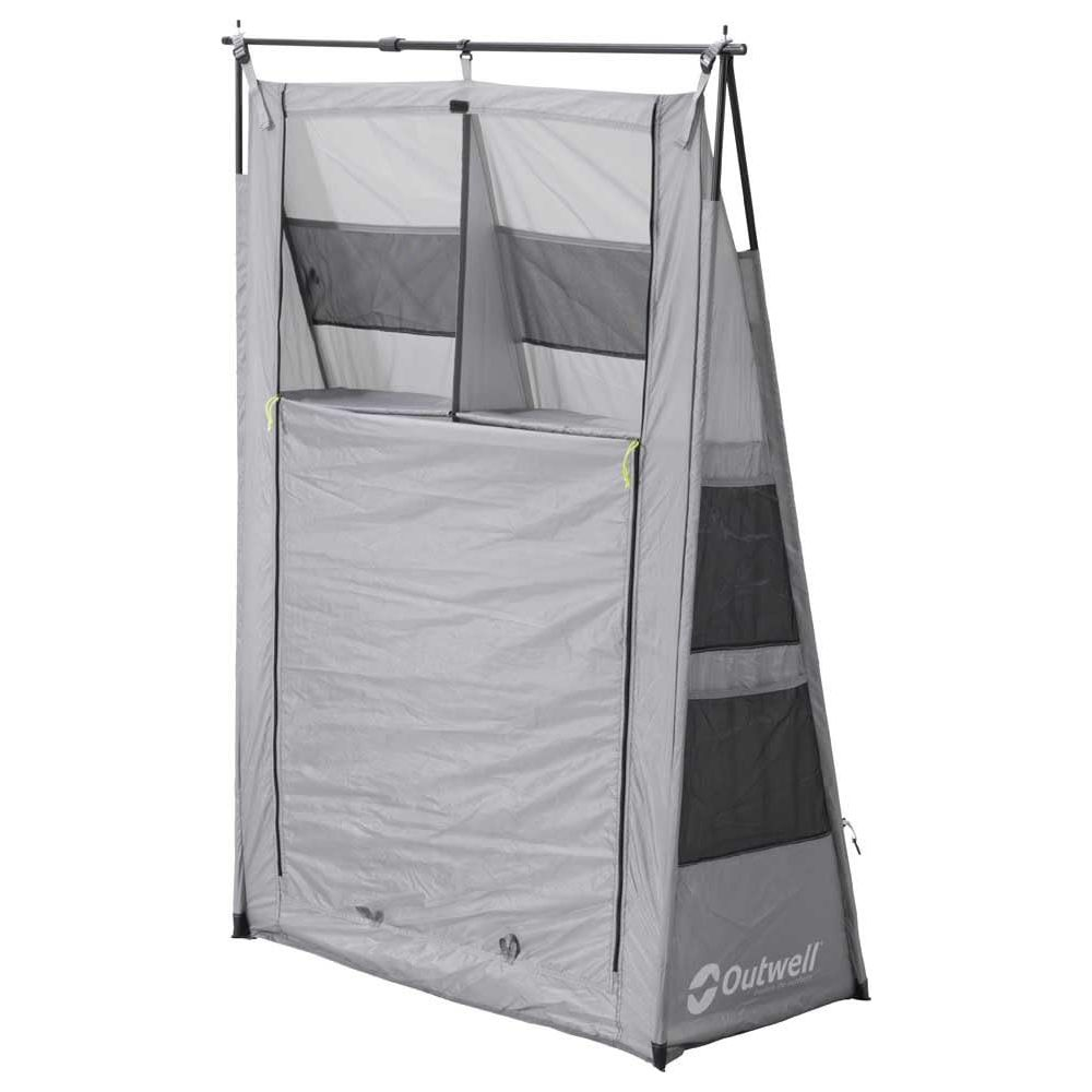 Grauer Camping-Dusch-/Umkleidezelt mit zwei Fächern und Mesh-Fenstern.