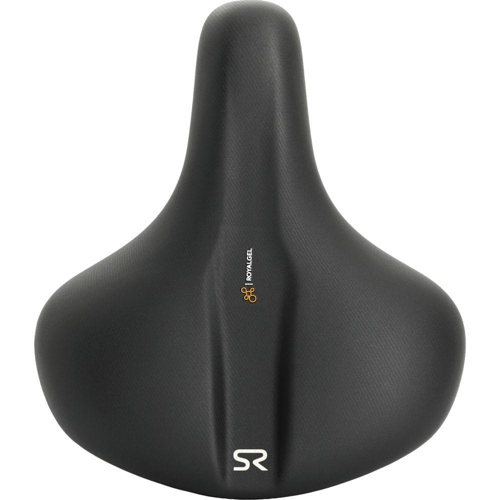 Schwarzer Fahrradsattel mit Royalgel-Logo und SR-Schriftzug.