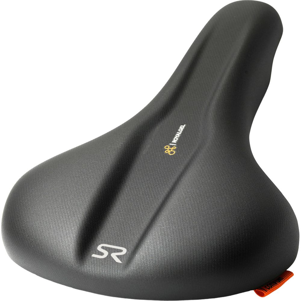 Schwarzer Fahrradsattel mit Royalgel-Logo und SR-Schriftzug.