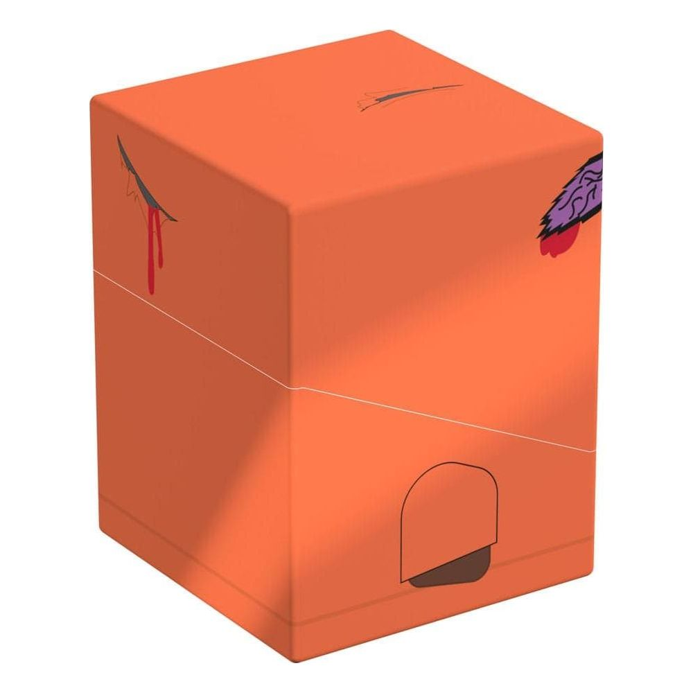 Une boîte orange avec une fente et des motifs sanglants. Des ombres tombent sur son flanc.
