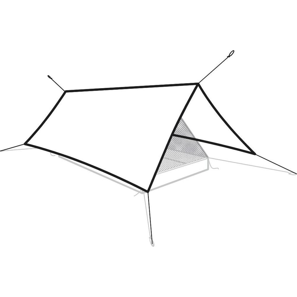 Una tenda leggera con vista laterale in rete, tesa da corde.