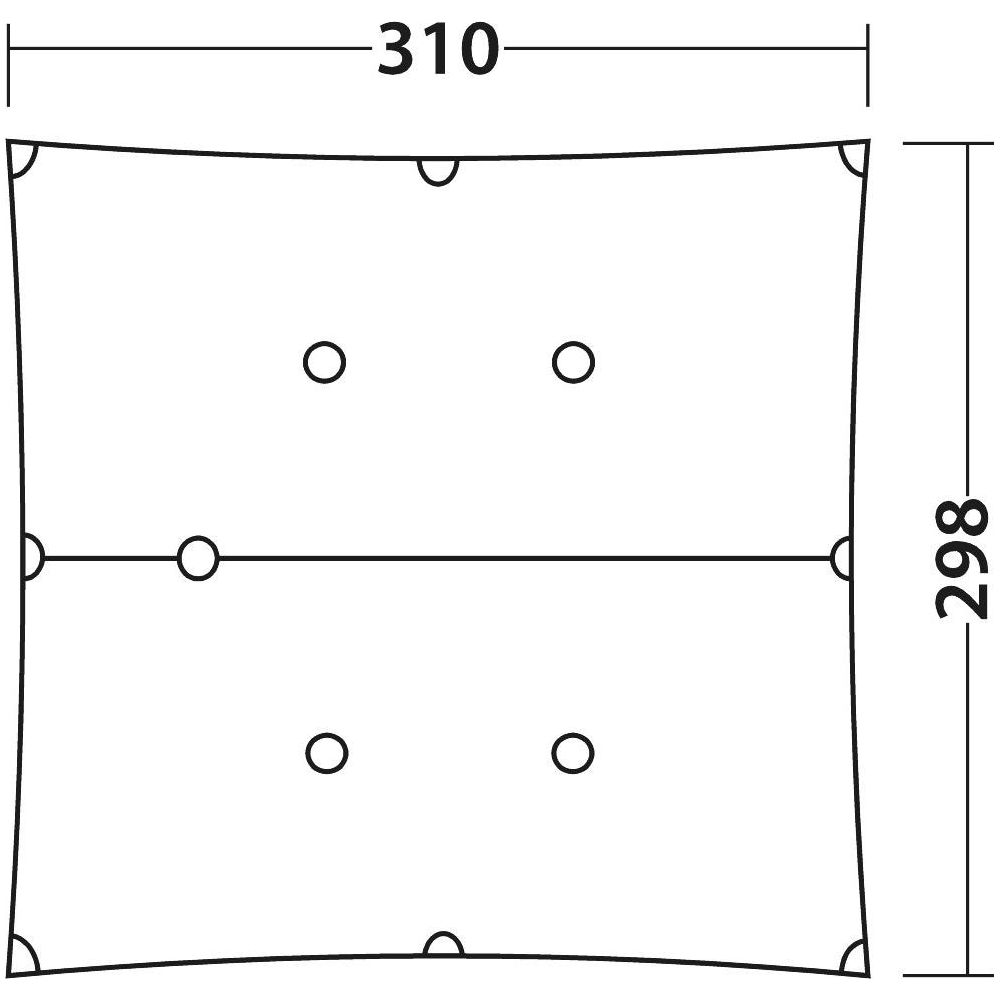 Disegno tecnico di un rettangolo, dimensioni 310x298, con sei cerchi all'interno.