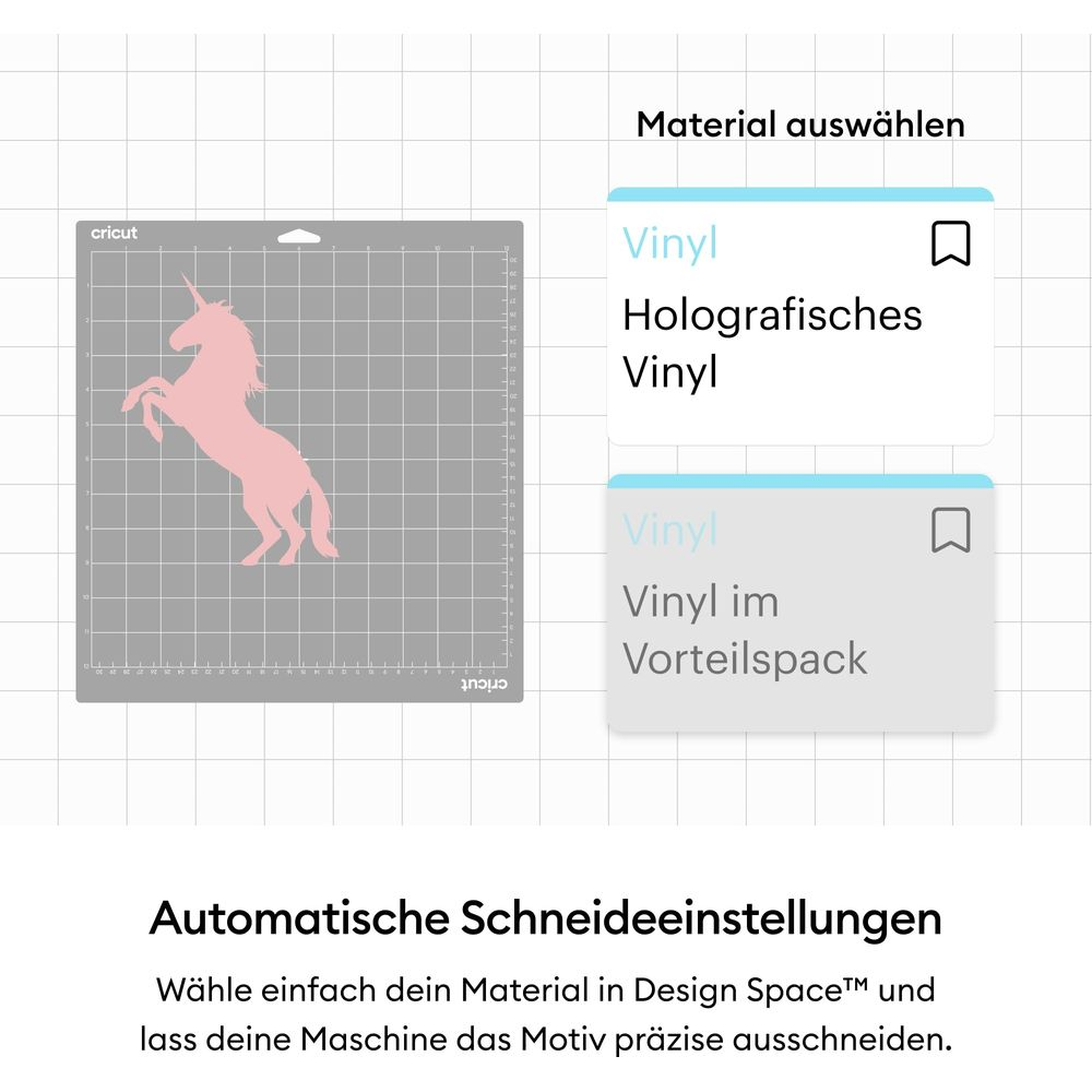 Eine rosa Einhorn-Silhouette auf einer Schneidematte neben Materialauswahl-Optionen.