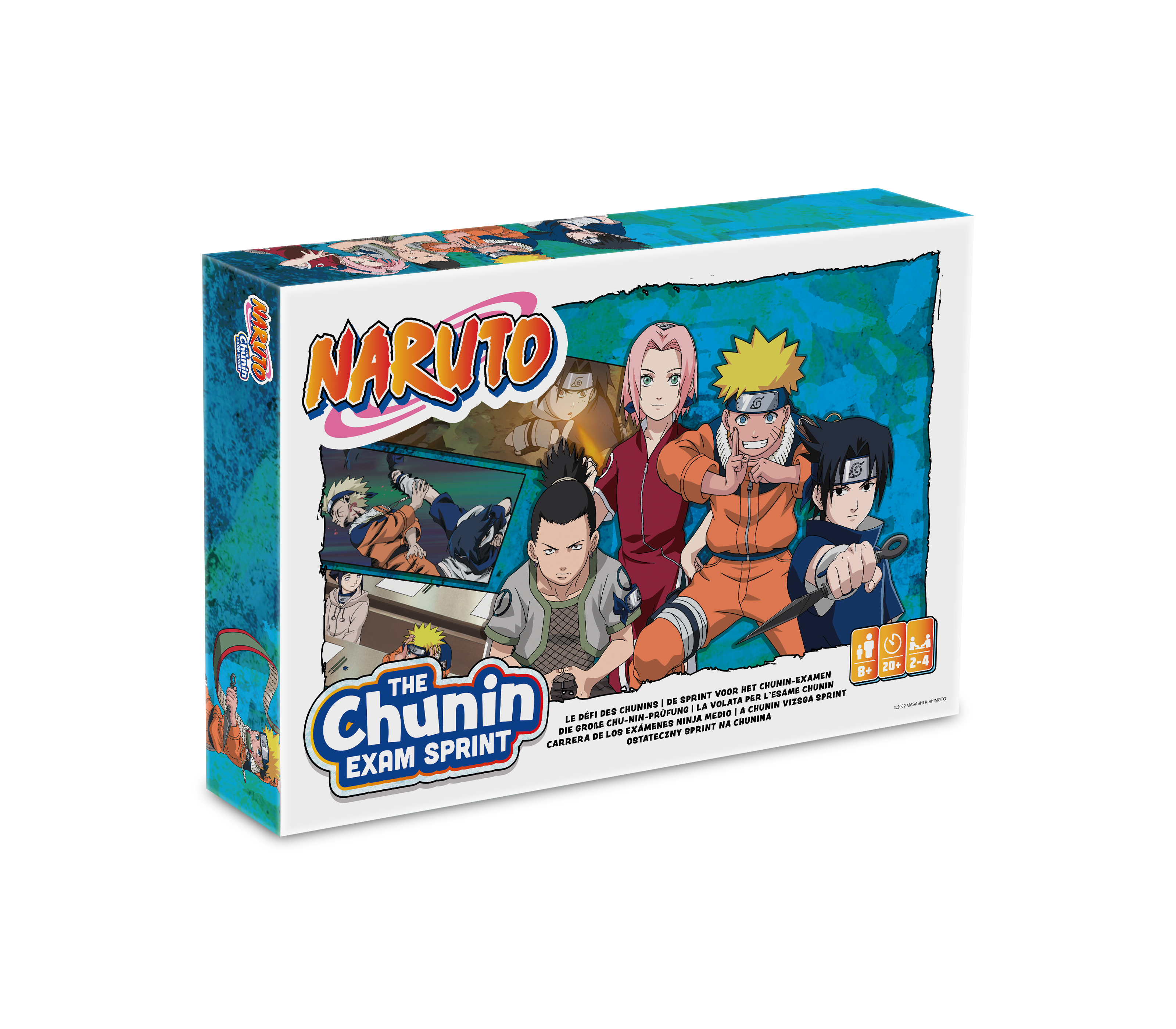 Verpackung des Naruto Chunin Exam Sprint Brettspiels mit Charakteren.