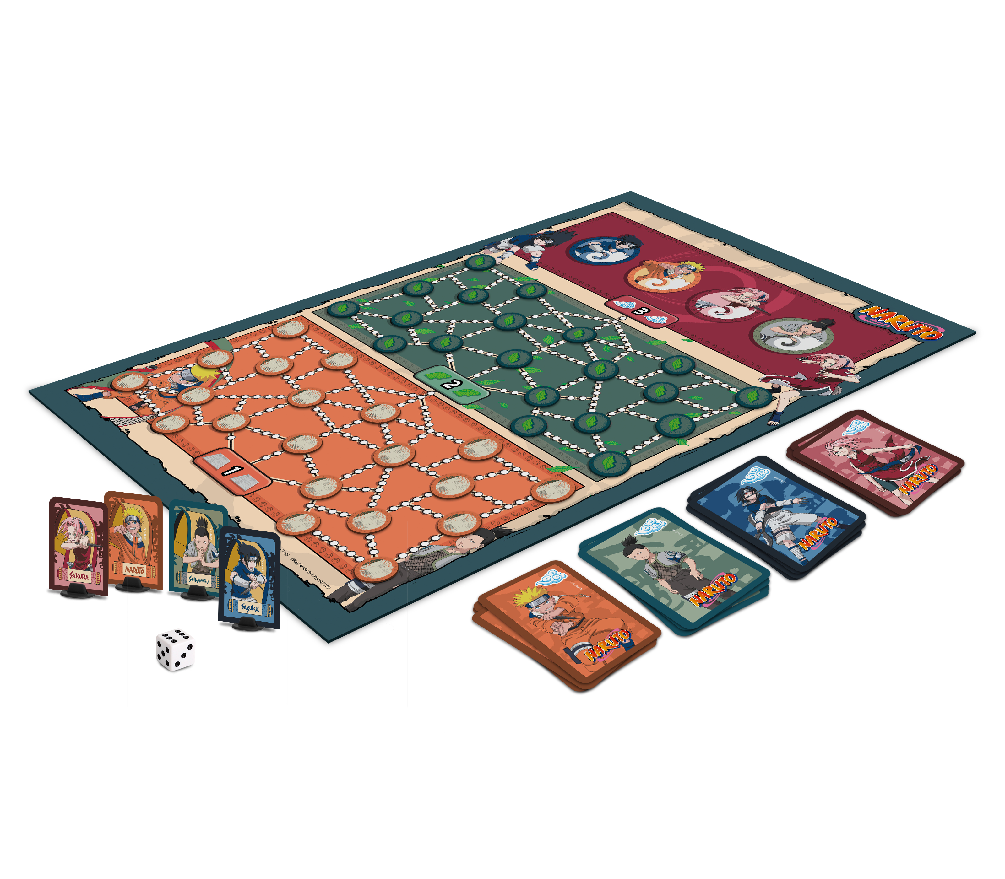 Naruto Brettspiel mit Charakterkarten, Würfel und Spielbrett.