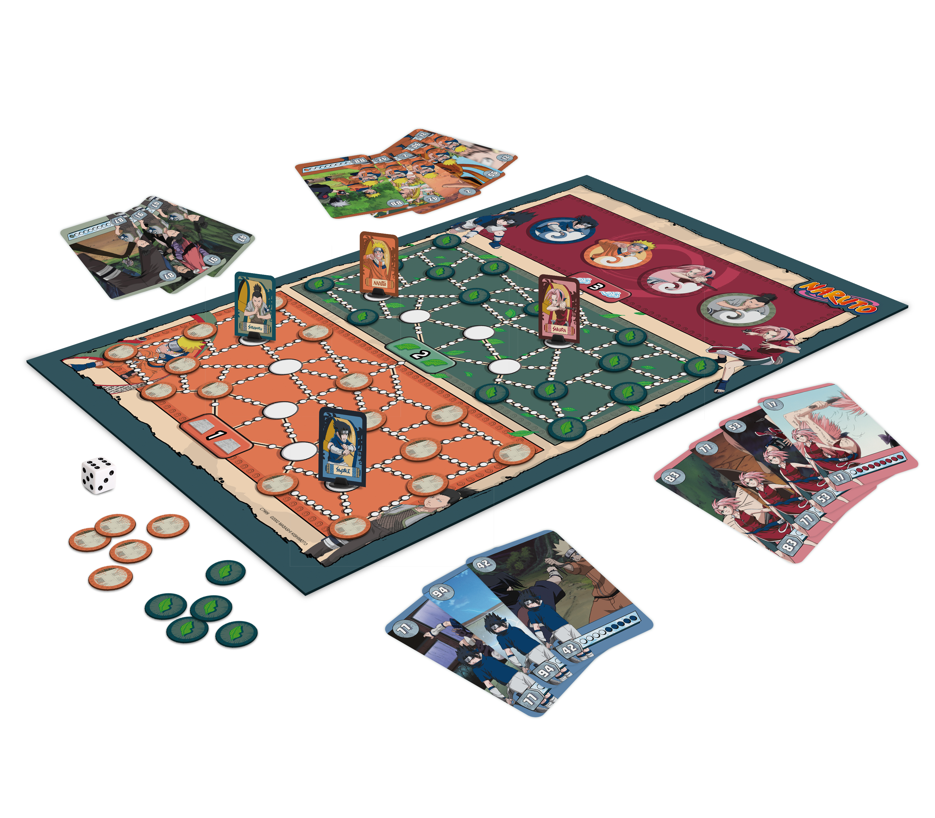 Un juego de mesa de Naruto con cartas de personajes, fichas y un dado.