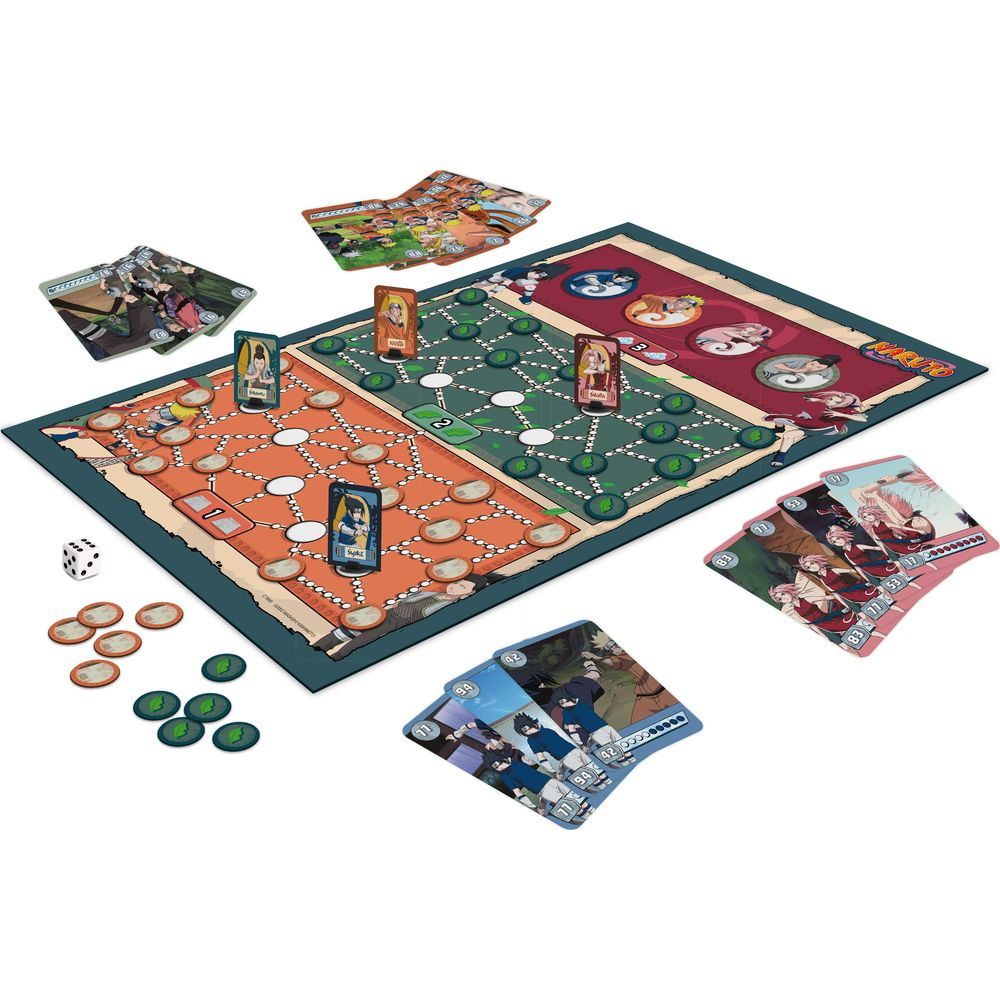 Juego de mesa Naruto con piezas, cartas y dados en una superficie de juego.