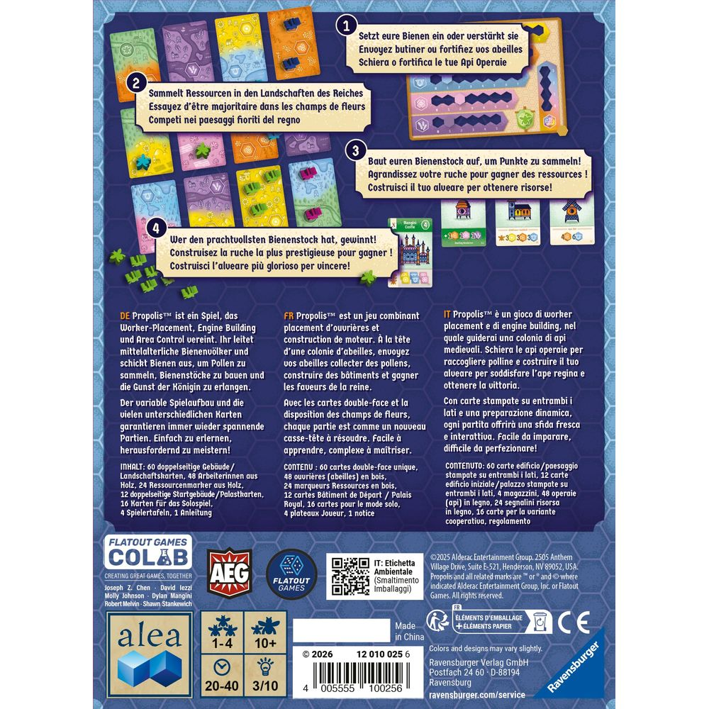 Spielbrett mit vier nummerierten Bereichen, Spielkomponenten und Text.