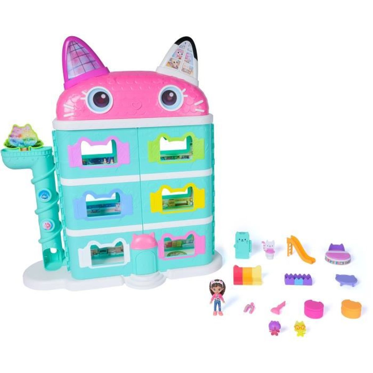 Ein farbenfrohes Puppenhaus-Spielset mit Katzenmotiv, Möbeln, Figuren und einer Rutsche.