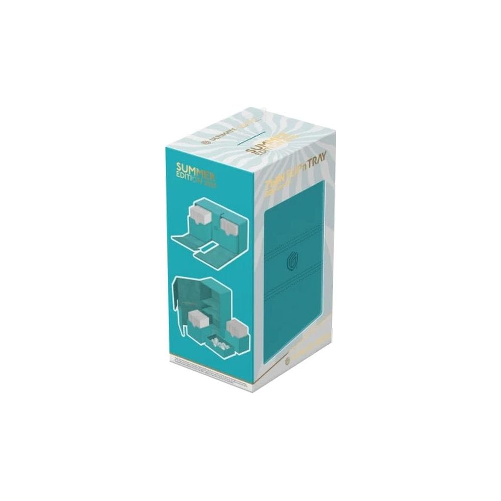 Boîte de rangement turquoise avec impression 'Édition Été' et compartiments.