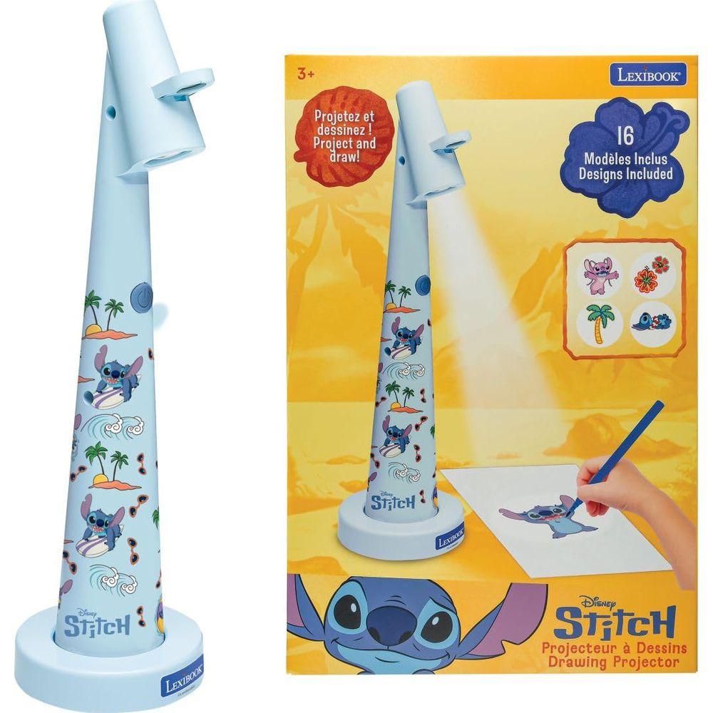 Un proiettore da disegno blu Stitch con immagini di Stitch e scene tropicali.