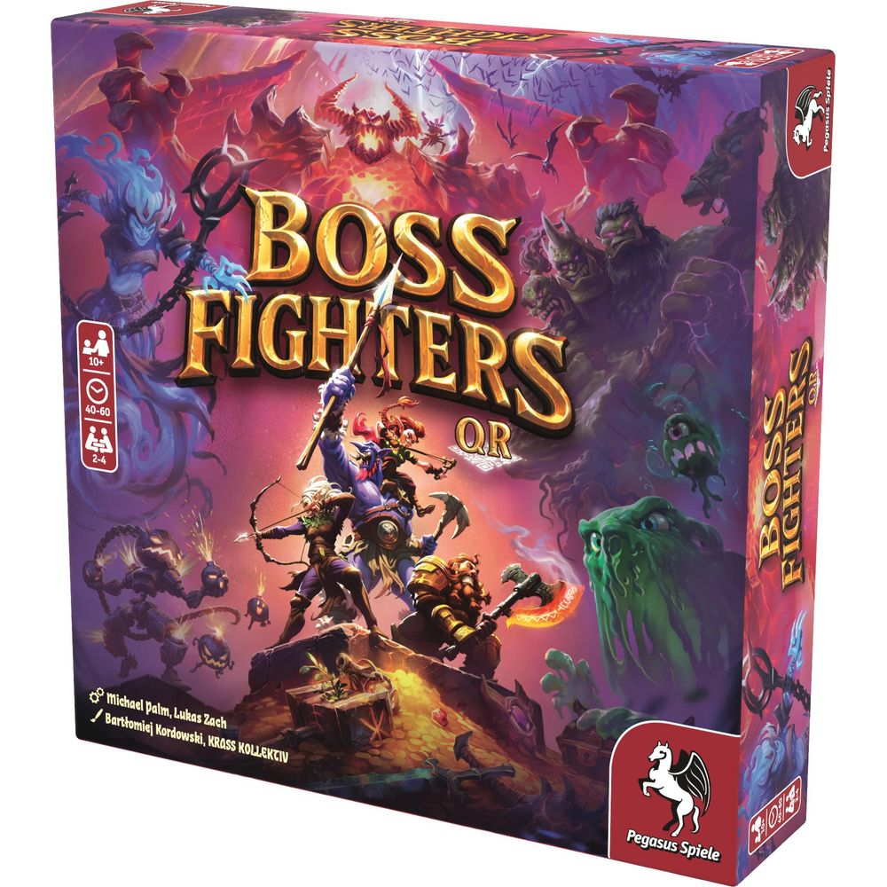 Brettspiel-Box "Boss Fighters" mit Fantasy-Kriegern und Monstern im Kampf.