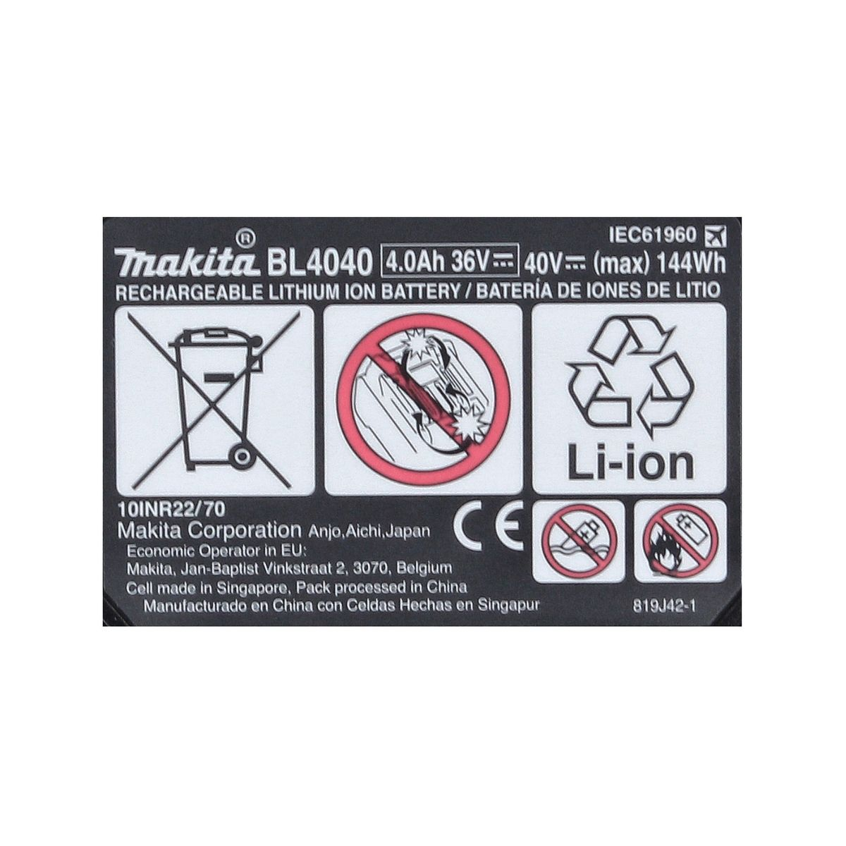 Makita BL4040 4.0Ah 36V Li-ion Akku-Etikett mit Warnungen und Infos.