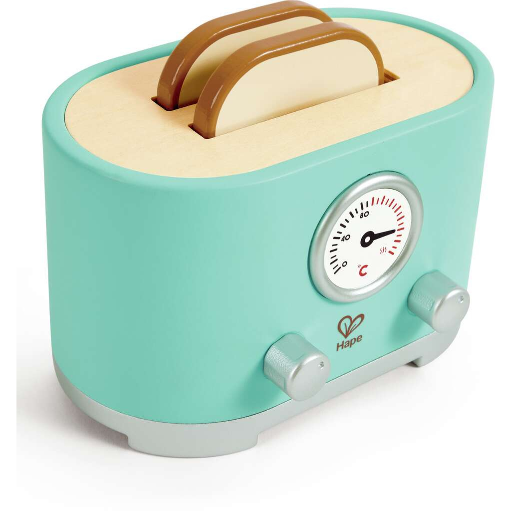 Tostapane giocattolo verde chiaro con accenti in legno e due fette.
