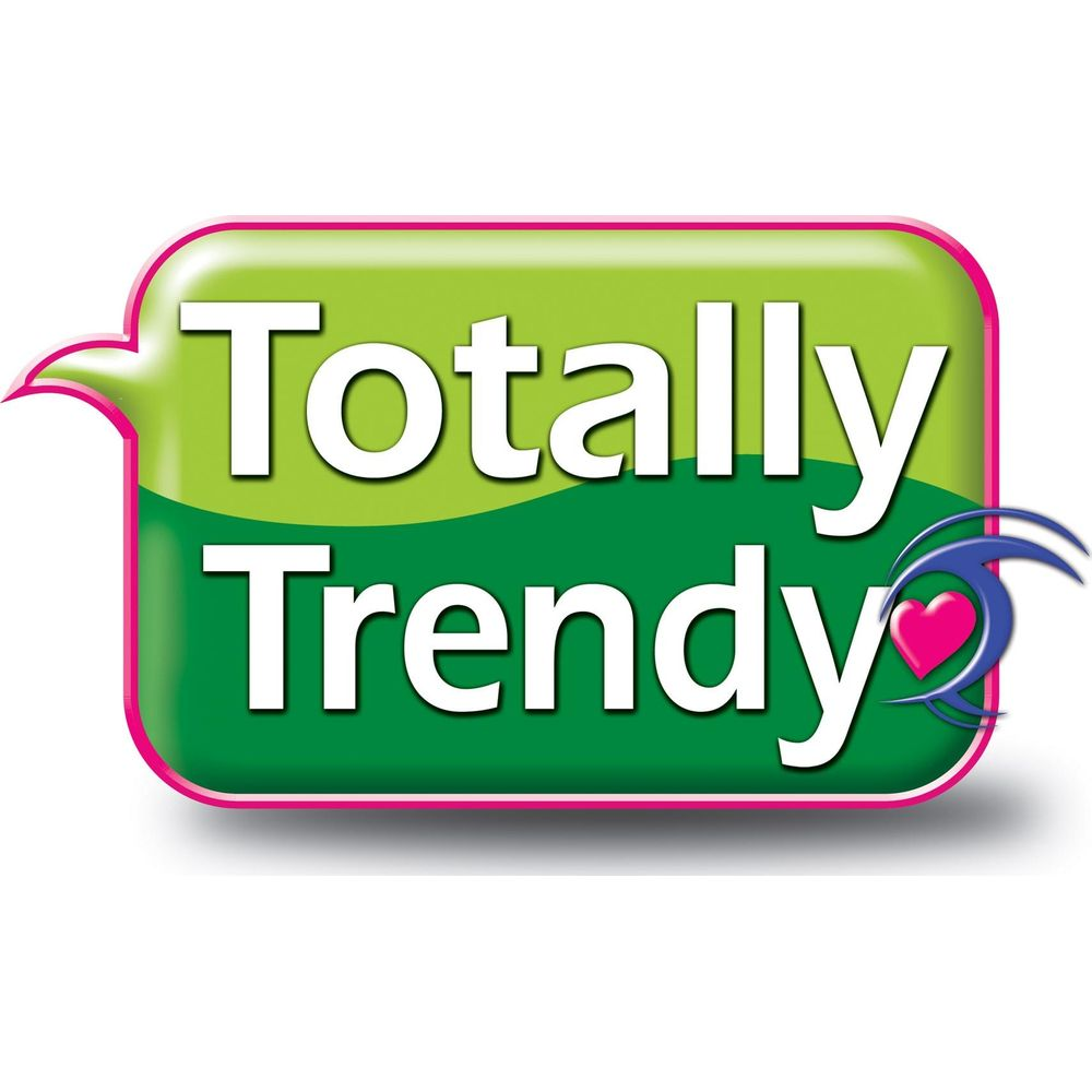 Le parole Totally Trendy in testo bianco su una bolla di dialogo verde e lime.