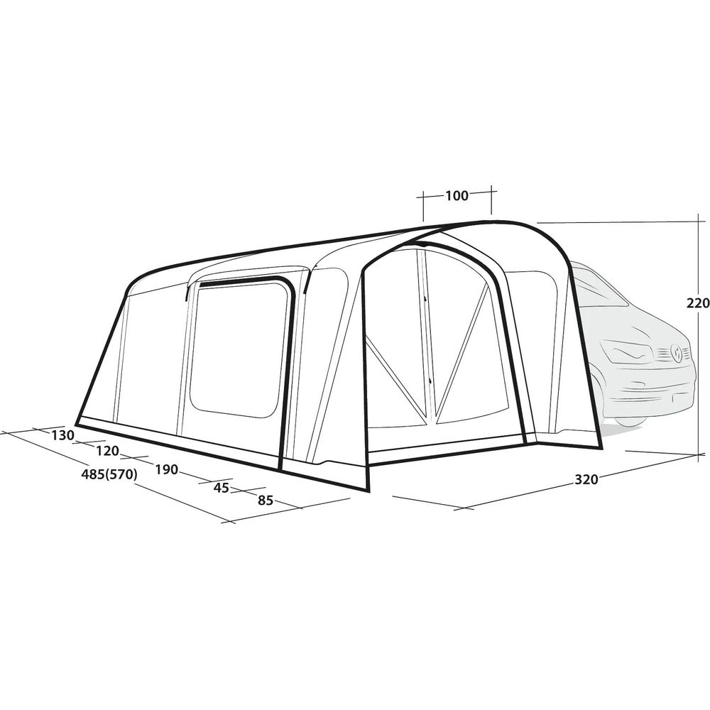 Diagramma di una tenda da sole attaccata a un veicolo, con dimensioni.