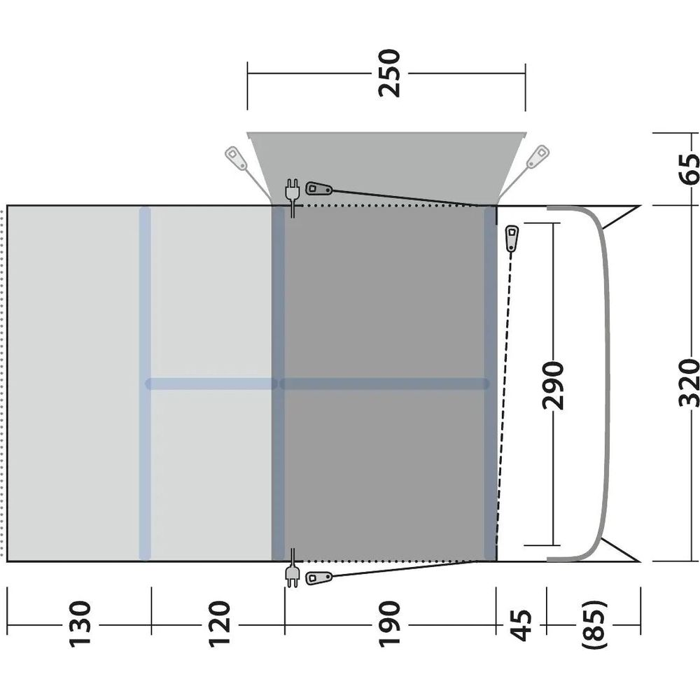 Pianta di una tenda con dimensioni in cm. Mostra lunghezza e larghezza.