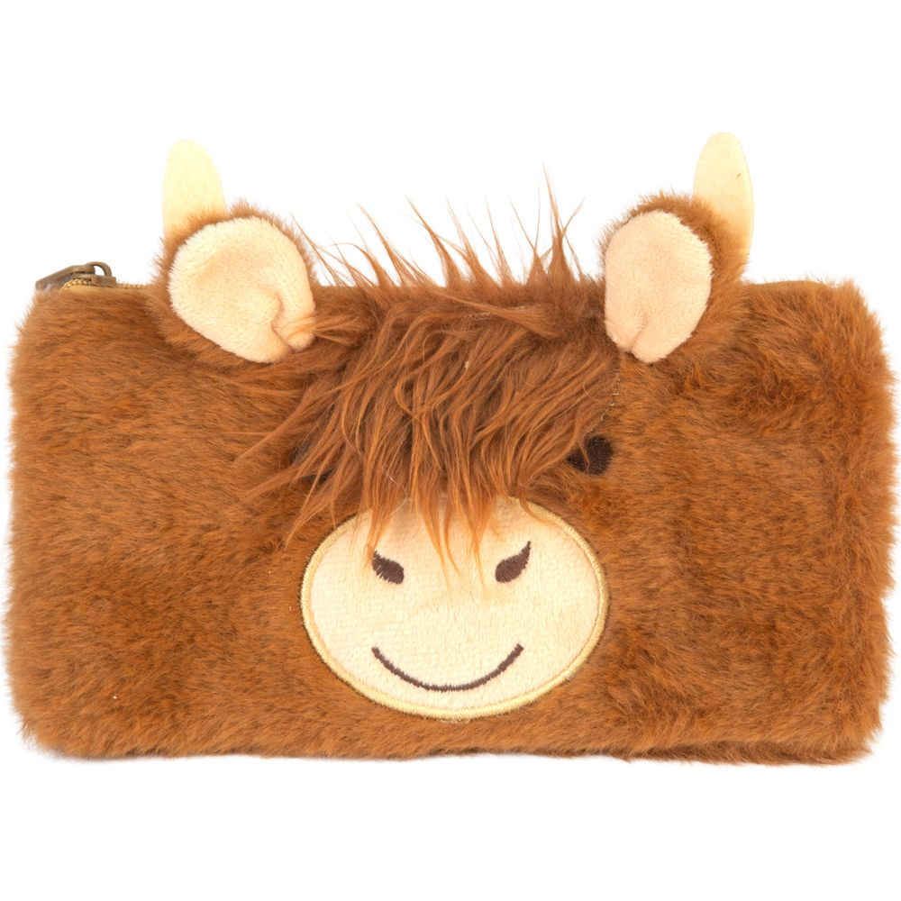 Braune Plüschtasche mit Kuhgesicht und Reißverschluss.