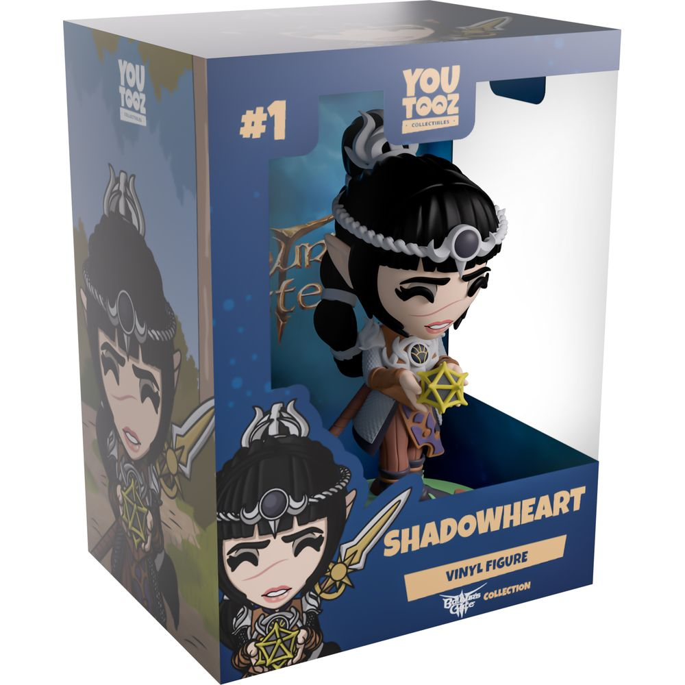 Eine Vinylfigur von Shadowheart in einer Sammlerbox mit Grafiken.