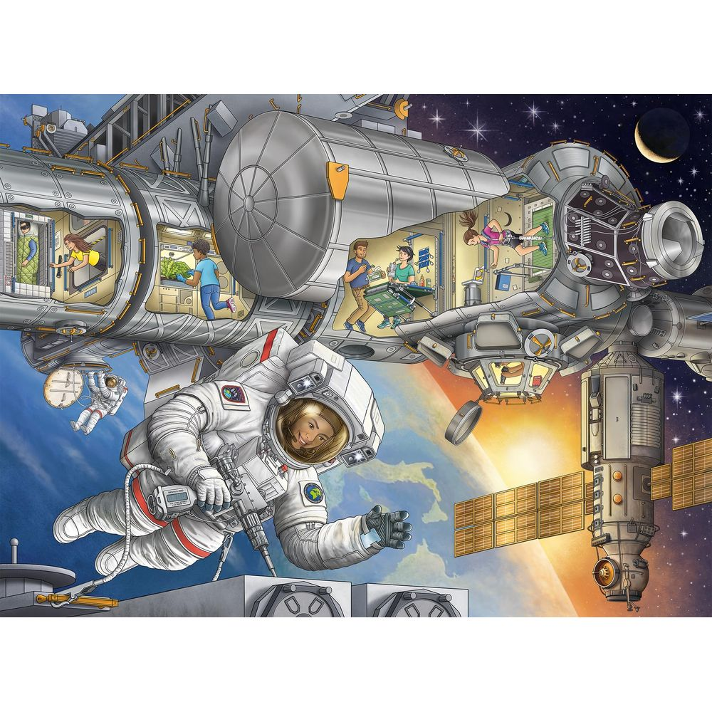 Astronauten und Kinder in und um eine Raumstation über der Erde.