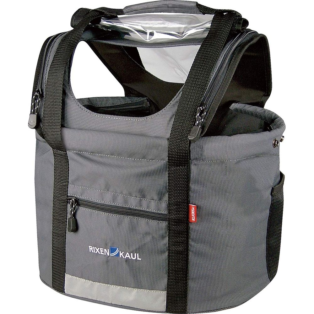 Eine graue Rixen Kaul Fahrradtasche mit schwarzen Trägern und Reißverschlüssen, klarer Oberfacht.
